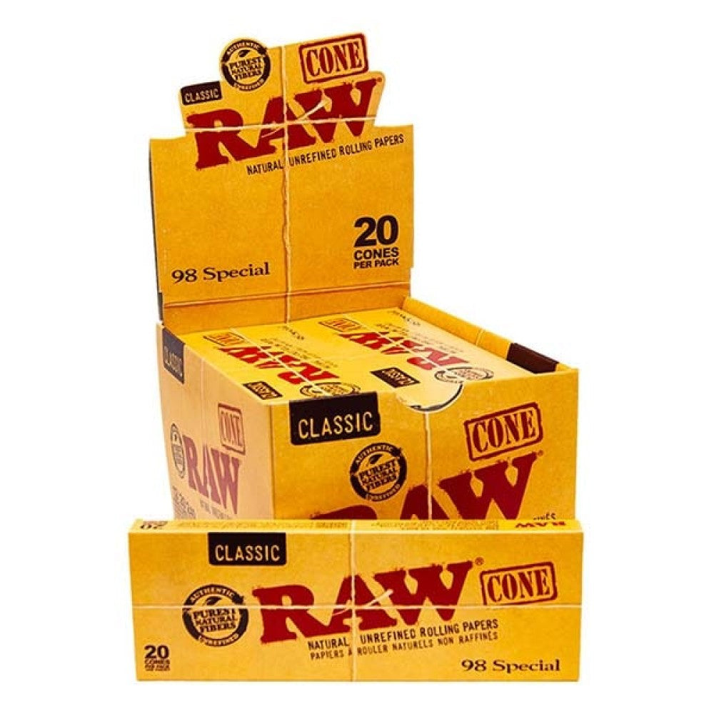 RAW Classic Cone 98 Special with 20 pre-rolled cones per pack and 12 packs per display, featuring classic RAW branding and display-ready packaging.