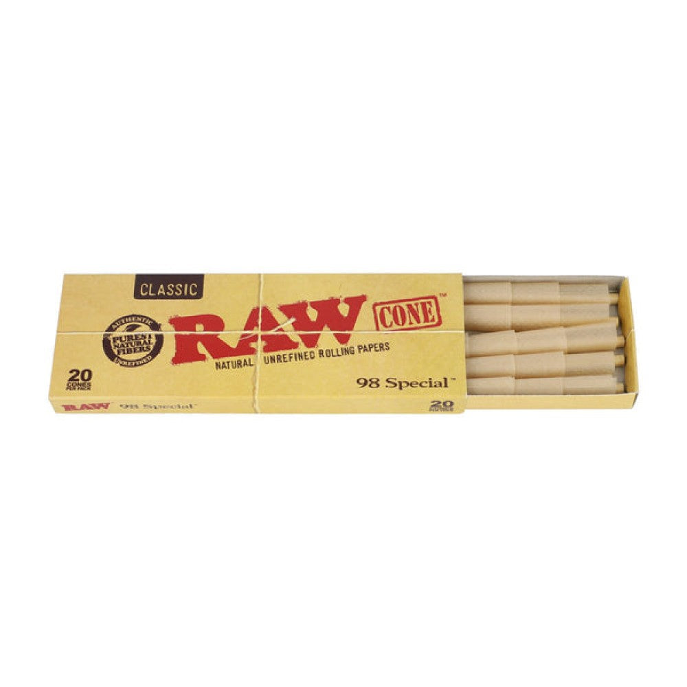 RAW Classic Cone 98 Special featuring 20 pre-rolled cones per pack, 12 packs per display, classic RAW branding, and retail-ready packaging.