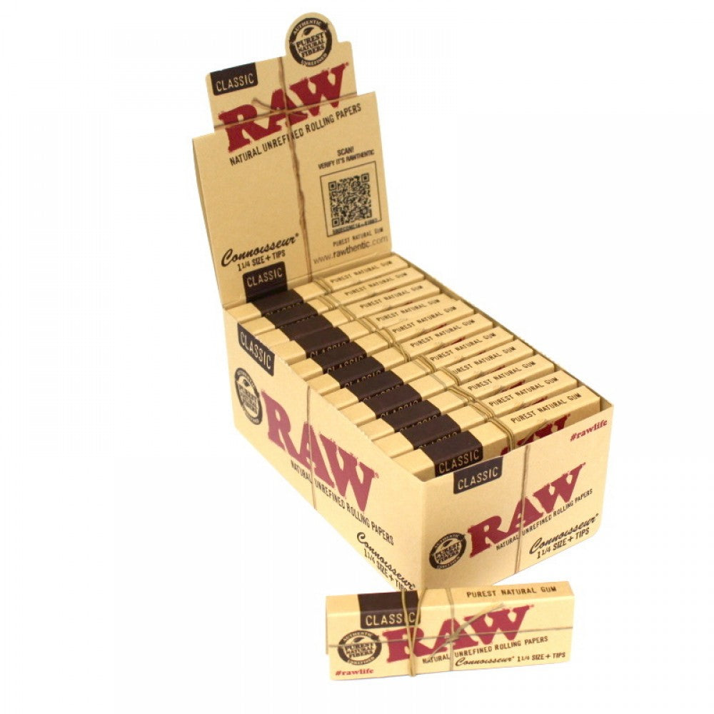 RAW Classic Connoisseur 1 1/4 Rolling Papers with Matching Filter Tips, Classic RAW Packaging, and 24 Packs Per Box for Wholesale Supply