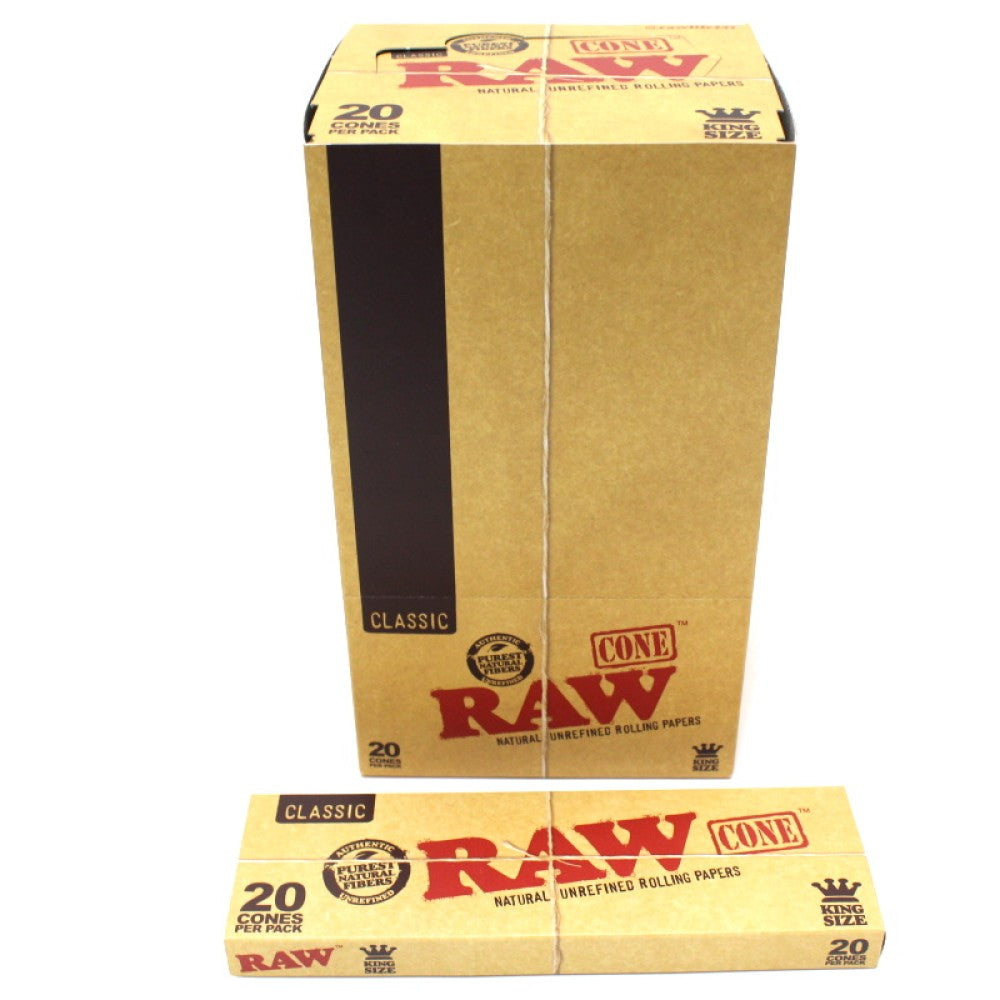 RAW Classic King Size Pre-Rolled Cones available in 12 or 20 cones per pack, featuring classic RAW branding and convenient retail packaging.