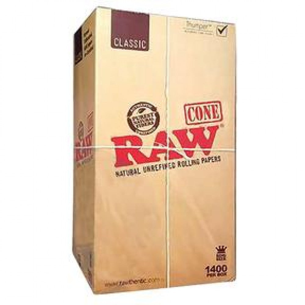 RAW Classic King Size Pre-Rolled Cones featuring 1,400 cones per box, classic RAW branding, convenient pre-rolled design, and bulk packaging.