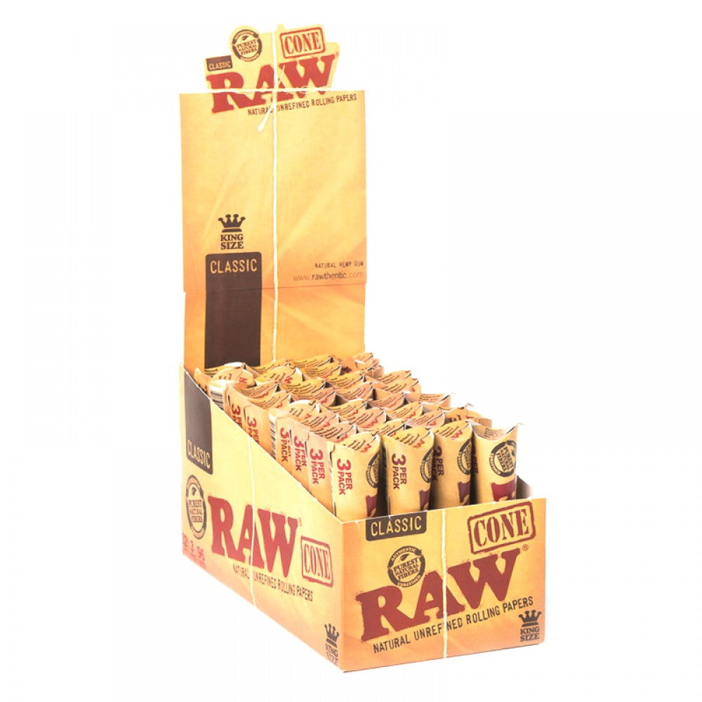 RAW Classic King Size Pre-Rolled Cones featuring 3 cones per pack, 32 packs per box, 96 cones total, and recognizable RAW Classic branding.
