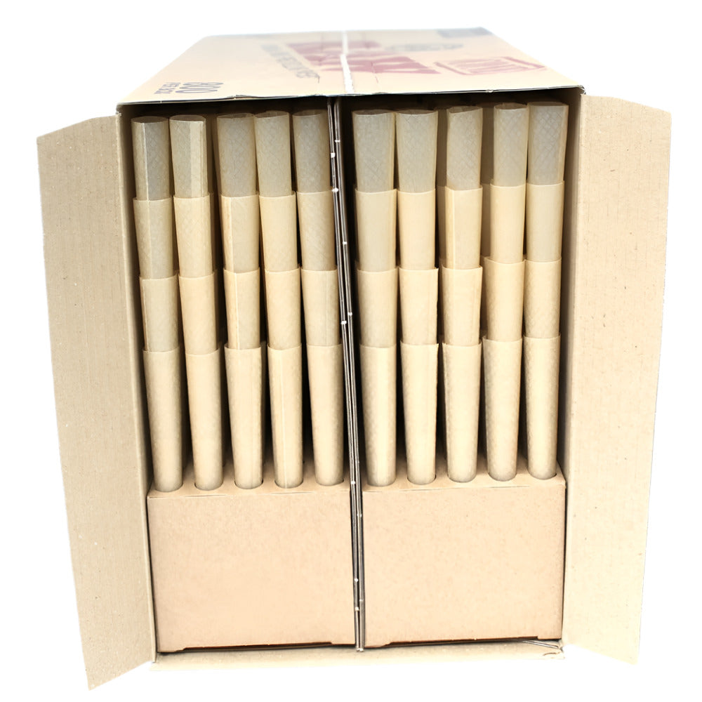 RAW Classic King Size Pre-Rolled Cones featuring 800 cones per box, classic RAW branding, convenient cone design, and bulk packaging.