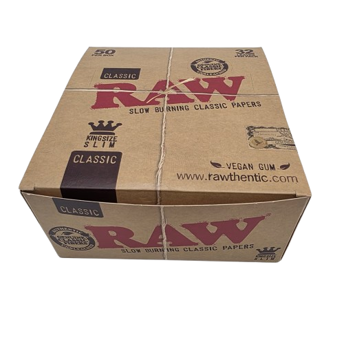 RAW Classic King Size Slim Rolling Papers with Natural Unbleached Paper Design and 50 Packs Per Box for Retail and Wholesale Supply