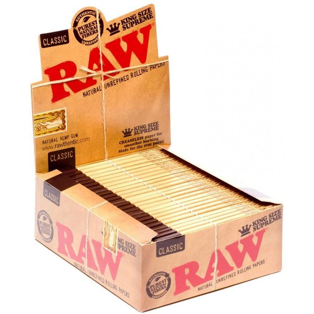 RAW Classic King Size Supreme Rolling Papers with Thin Natural Paper Design and 32 Packs Per Box for Retail and Wholesale Supply