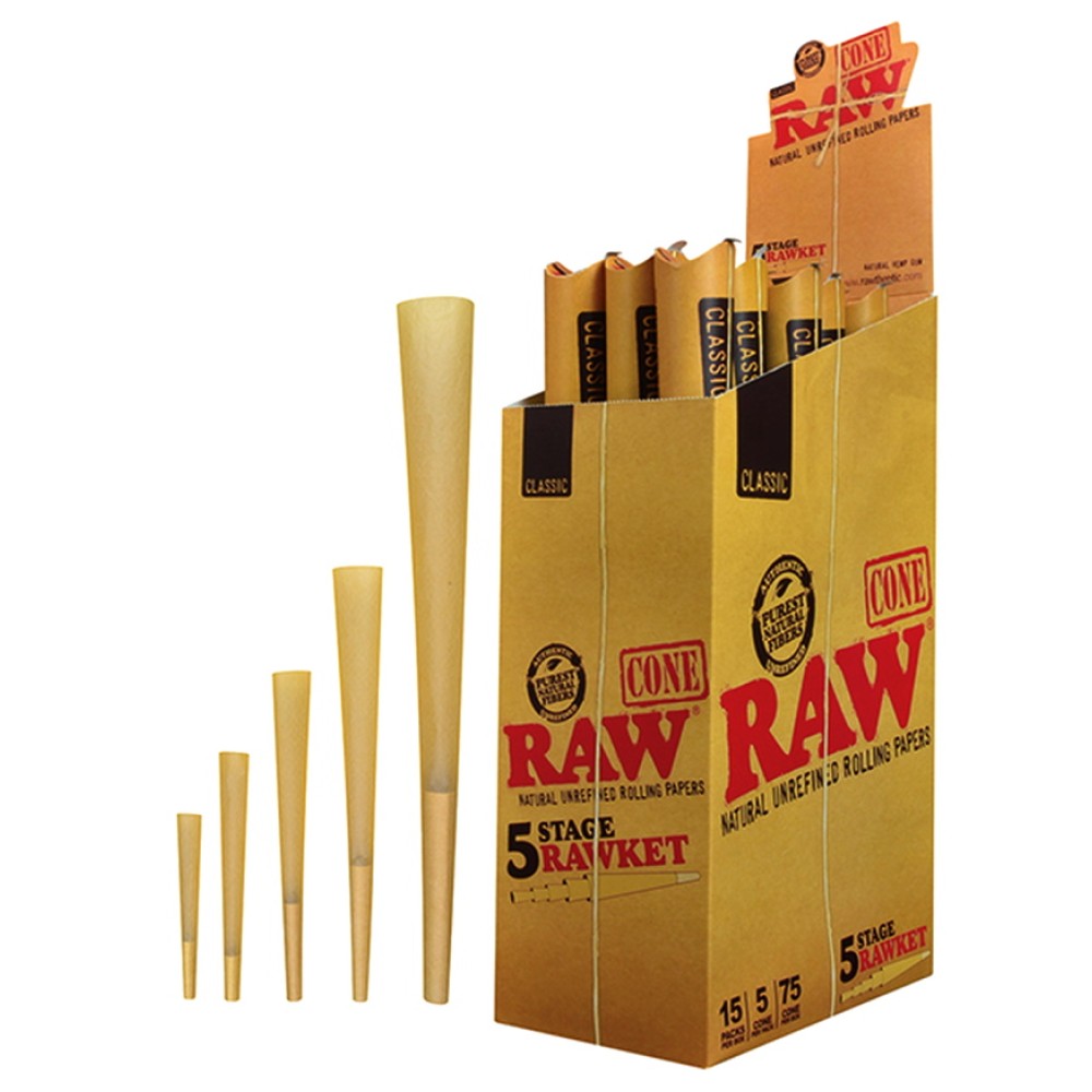 RAW Cone 5 Stage RAWket featuring 5 cones per pack, 15 packs per box, 75 cones total, distinctive RAW branding, and retail-ready packaging.