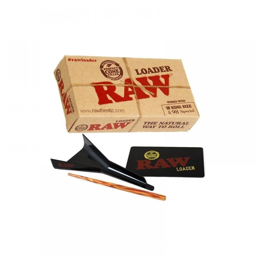 RAW Cone Loader for King Size and 98 Special cones featuring a compact reusable design for convenient pre-rolled cone filling.