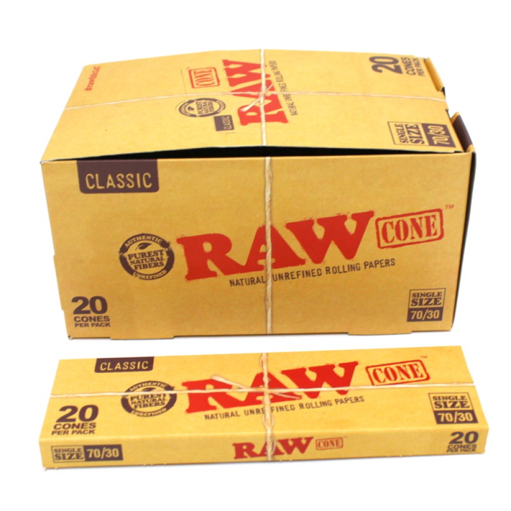 RAW Cones Single Size 70/30 with 20 Cones Per Pack and 12 Packs Per Box for a Total of 240 Cones