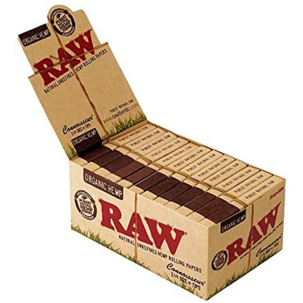 RAW Organic Connoisseur 1 1/4 Rolling Papers with Matching Filter Tips, Organic Hemp Paper, and 24 Packs Per Box for Retail and Wholesale Supply