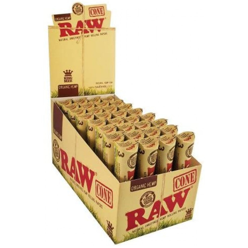RAW Organic King Size Pre-Rolled Cones with 3 Cones Per Pack, 32 Packs Per Box, and 96 Cones Total for Wholesale Supply