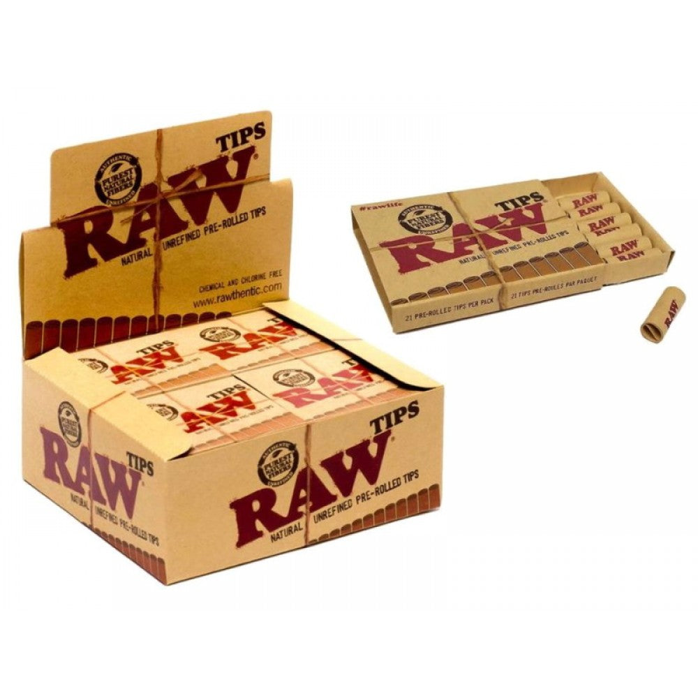 RAW Pre-Rolled Filter Tips in Original Branded Packaging, Featuring a Convenient Ready-to-Use Design with 20 Tips Per Box for Retail and Wholesale Supply