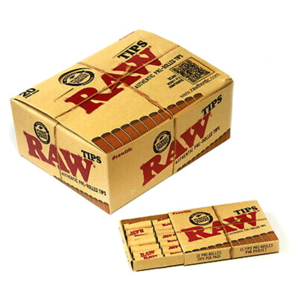 RAW Pre-Rolled Tips 20 Count Box Featuring Signature RAW Branding and Compact Packaging for Convenient Storage, Retail Display, and Wholesale Distribution