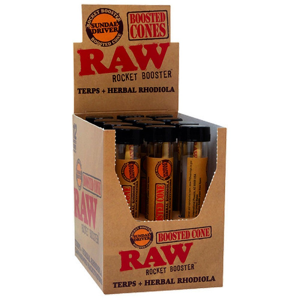 RAW Rocket Booster Cones 12-Count Display Pack Featuring Original RAW Branding and Boosted Cone Packaging for Convenient Product Presentation in Retail Stores and Wholesale Collections.