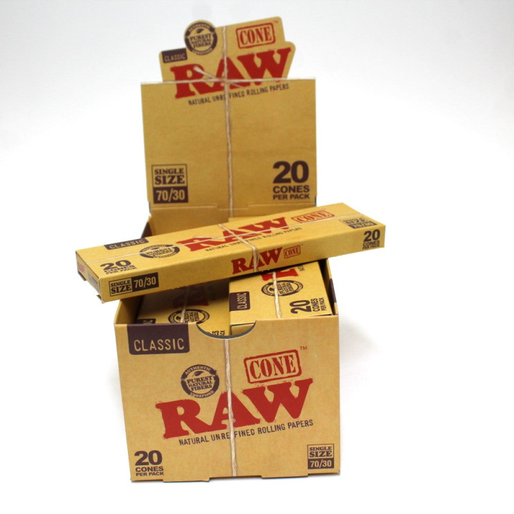 RAW Single Size Cones 70/30 with 20 Cones per Pack and 12 Packs in Each Box for Retail and Wholesale Supply