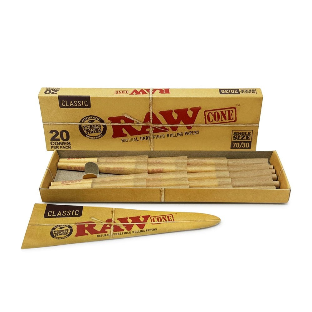 RAW Single Size 70/30 Rolling Cones with 20 Cones per Pack and 12 Packs per Box for Bulk Supply
