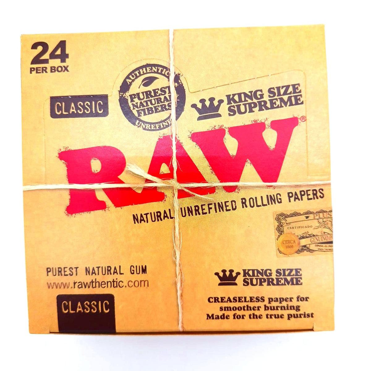 RAW Classic King Size Supreme Rolling Paper Pack Featuring Natural Paper Design, Premium RAW Branding, and 32 Packs Per Box for Wholesale Distribution