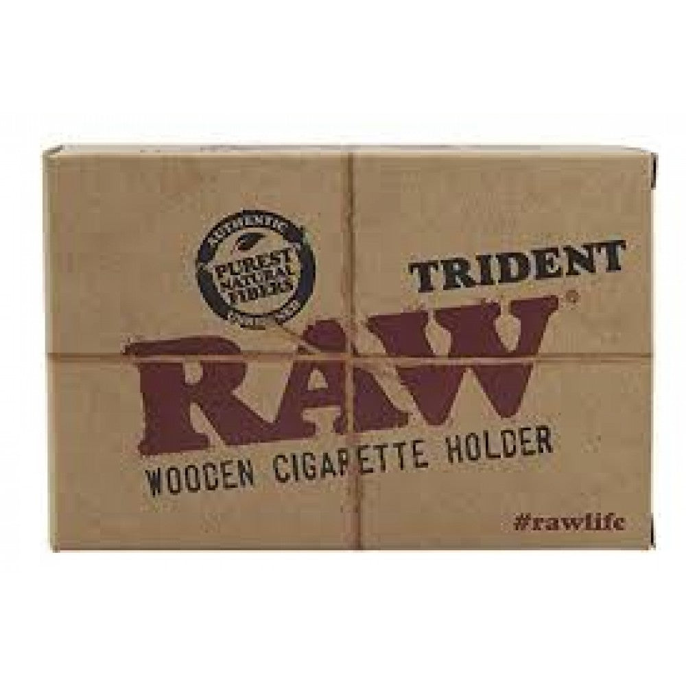 RAW Trident Wooden Cigarette Holder Featuring a Distinctive Trident-Inspired Shape, Natural Wooden Construction, and Classic RAW Branding for Retail and Wholesale Collections.