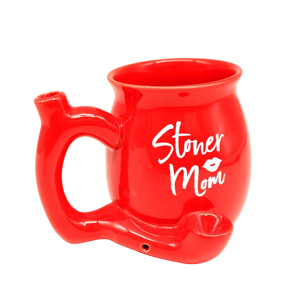 Red and white Stoner Mom ceramic cup with hand pipe featuring durable ceramic construction, artistic detailing, smooth finish, and unique novelty styling.