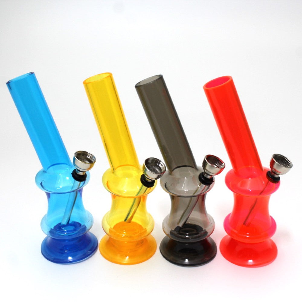 Skinny 6-inch Solid Color Acrylic Water Pipe featuring a lightweight durable body, metal downstem, bowl with screen, compact design, and sturdy base.