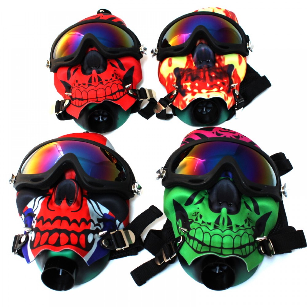 Skull Design Multi Color Gas Mask Acrylic Water Pipe Set featuring vibrant skull-inspired styling, durable acrylic construction, sturdy base, and eye-catching details.