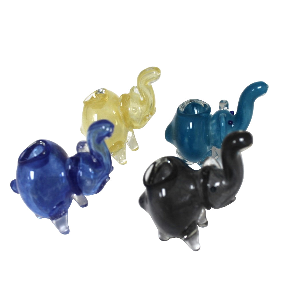 Small elephant design glass pipe with a solid color finish, detailed sculpted glasswork, durable construction, smooth polished surface, and unique animal-inspired styling.