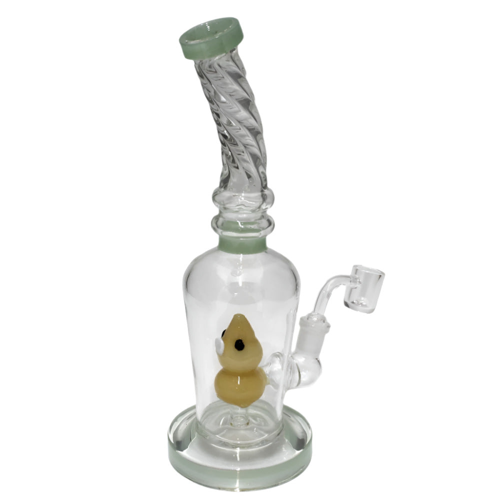 10 Inch Twisted Top Glass Water Pipe with a Flat Bottom Base, Distinctive Twisted Glass Detailing, and 14mm Male Banger for Retail Displays and Wholesale Collections