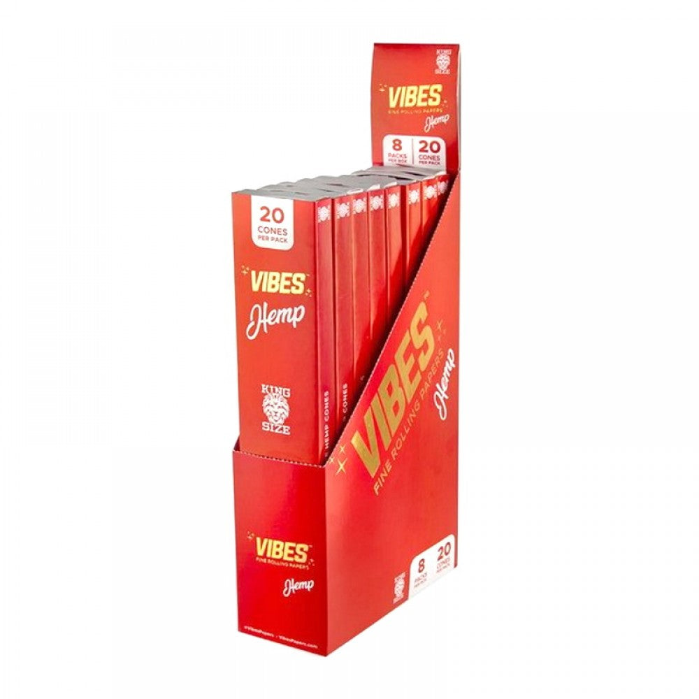 Vibes Hemp King Size Cones featuring 20 cones per pack, 8 packs per box, and 160 cones total in convenient retail-ready packaging.