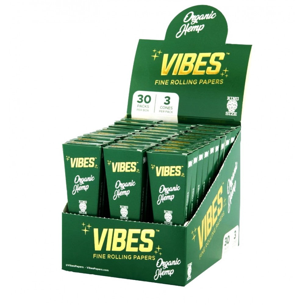 Vibes Organic Hemp Cones King Size featuring 3 cones per pack, 30 packs per box, and 90 cones total in convenient retail-ready packaging.