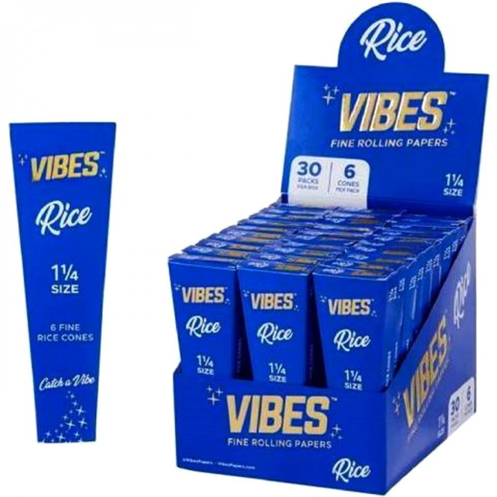 Vibes Rice Cones 1 1/4 Size featuring 6 cones per pack, 30 packs per box, and 180 cones total in convenient retail-ready packaging.