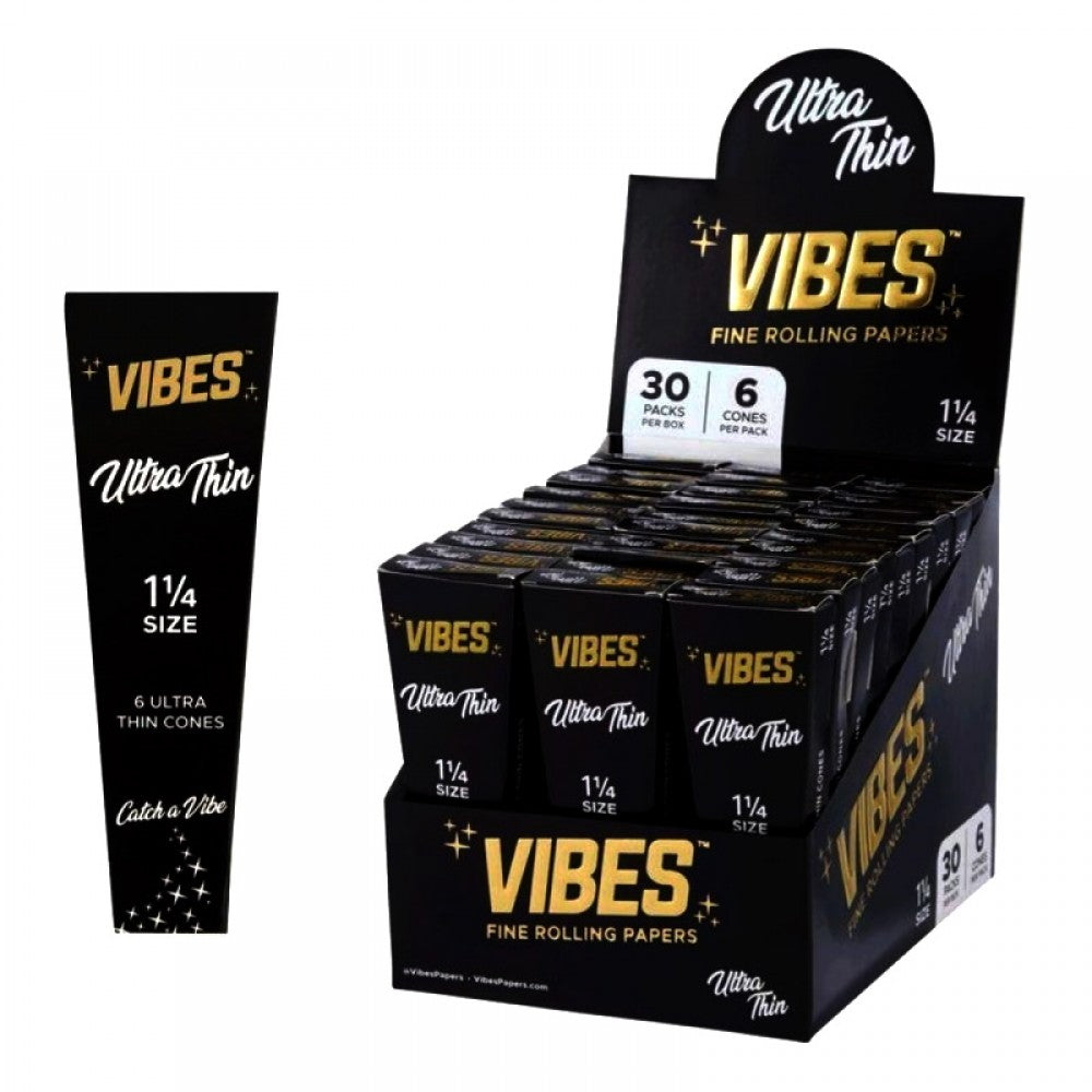 Vibes Ultra Thin Cones 1 1/4 Size featuring 6 cones per pack, 30 packs per box, and 180 cones total in convenient retail-ready packaging.