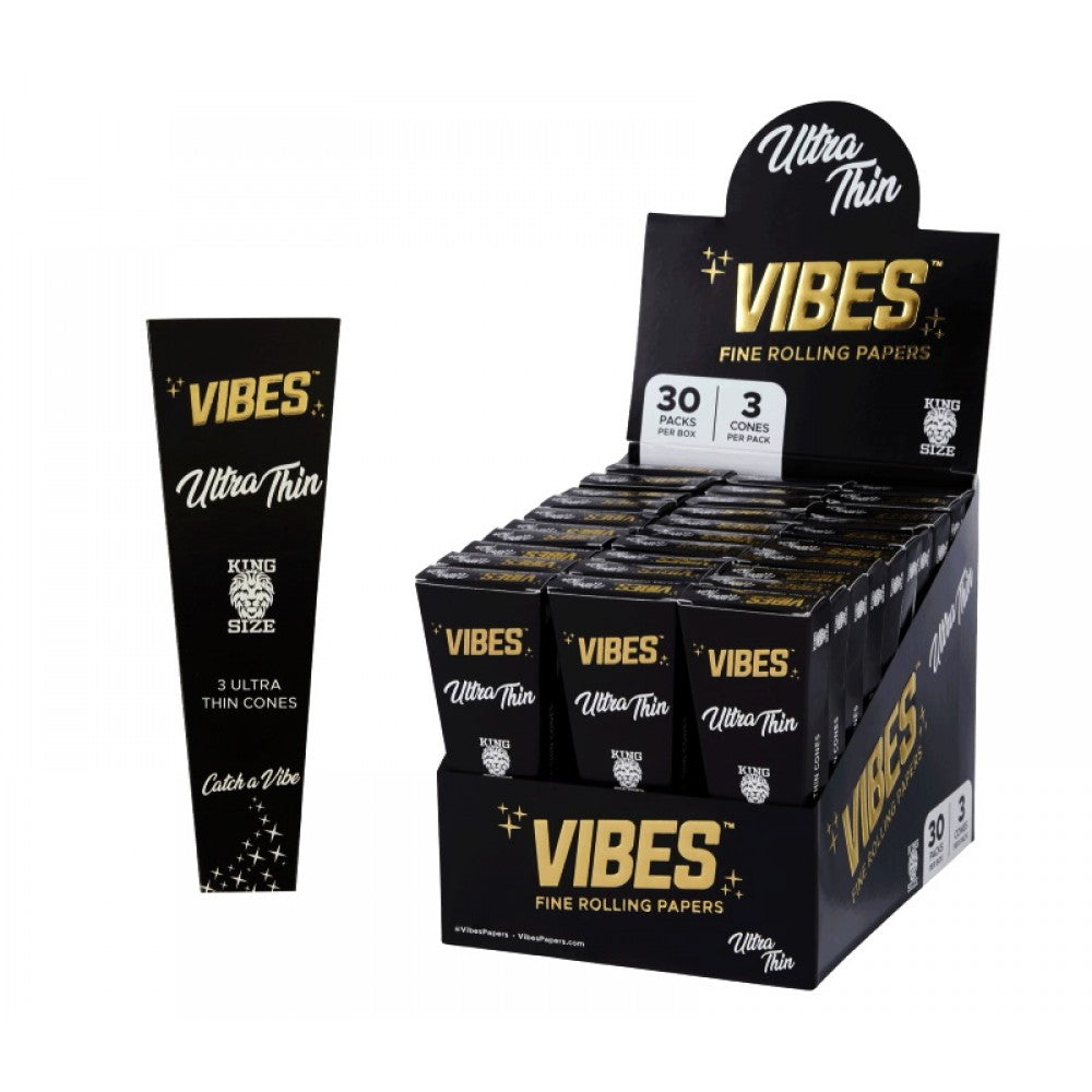 Vibes Ultra Thin Cones King Size featuring 3 cones per pack, 30 packs per box, and 90 cones total in convenient retail-ready packaging.