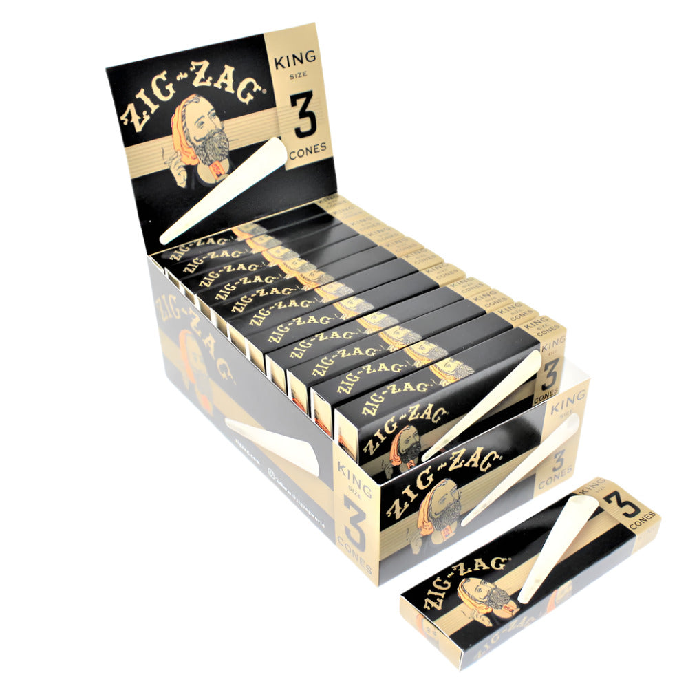 Zig-Zag King Size Cones Display Box Containing 24 Packs with 3 Cones Per Pack, Featuring Classic Zig-Zag Branding and Convenient Packaging for Retail Displays and Wholesale Collections.