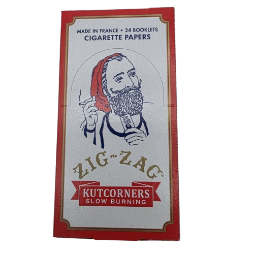 Zig-Zag Kutcorners Slow Burning Papers in a 24-Pack Box, Featuring Classic Zig-Zag Branding, Distinctive Paper Design, and Convenient Packaging for Retail Displays and Wholesale Collections.